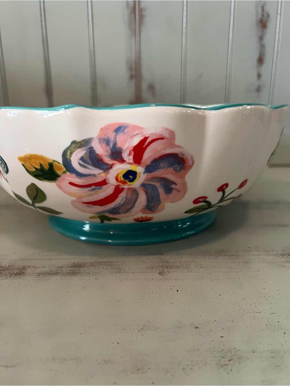 Nathalie Lete Hand-Painted Scalloped Floral Ceramic Serving Bowl - Picture 5 of 9